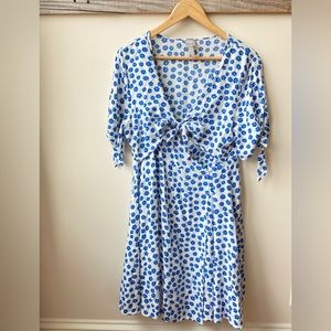 blue floral wrap mini dress